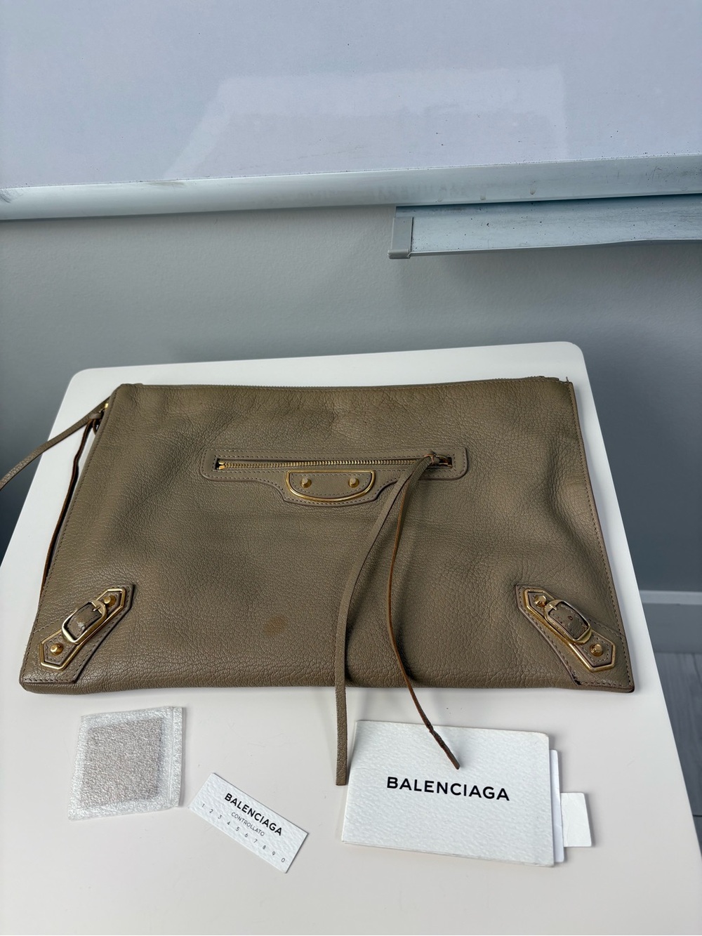 Balenciaga Motorcross Olive Taupe Leather Wristlet Clutch with Gold Hardware